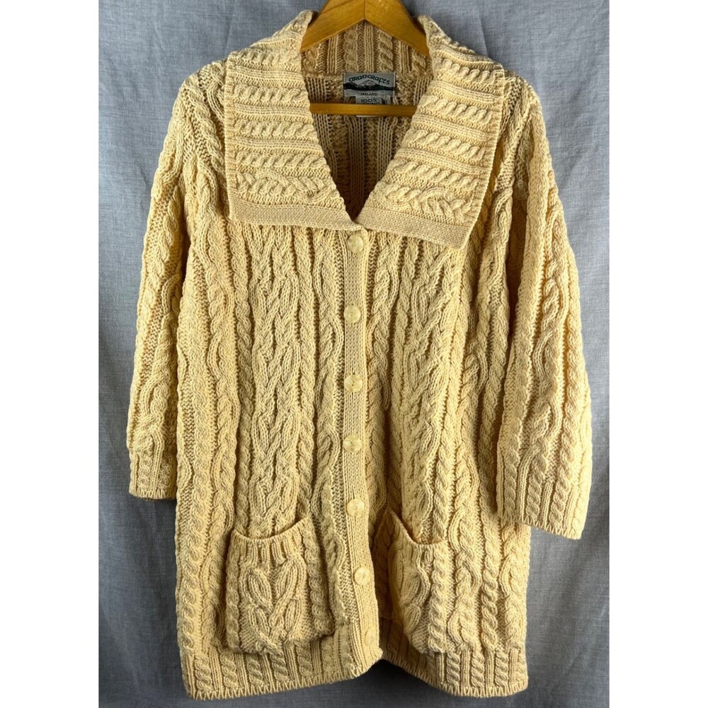Aran Crafts Cardigan Women's L 3/4 Sleeve Yellow Merino Wool Knit Button Ireland